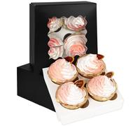 Gcardist 25 Packs Auto-pop Up 4 Cupcake Boxes with Window Black Cupcake Box 16x16x7.6cm Bakery Boxes For Cupcakes Carrier, Cupcake Containers (6.3x6.3x3 inch)