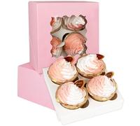 Gcardist 25 Packs Auto-pop Up 4 Cupcake Boxes with Window Pink Cupcake Box 16x16x7.6cm Bakery Boxes For Cupcakes Carrier, Cupcake Containers (6.3x6.3x3 inch)
