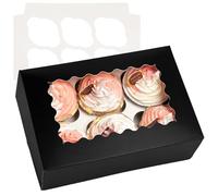 Gcardist 25 Packs Auto-pop Up 6 Cupcake Boxes with Window Black Cupcake Box 23.87x15.49x7.62cm Bakery Boxes For Cupcakes Carrier, Cupcake Containers (9.4x6.1x3 inch)