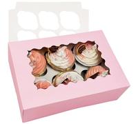 Gcardist 25 Packs Auto-pop Up 6 Cupcake Boxes with Window Pink Cupcake Box 23.87x15.49x7.62cm Bakery Boxes For Cupcakes Carrier, Cupcake Containers (9.4x6.1x3 inch)