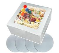 Gcardist 6x6x5 Inch Cake Box, 5 Sets Silver Cake Box with Window & 5 Sets 6 Inch Silver Cake Round Boards, Cake Containers(15.24x15.24x13cm)