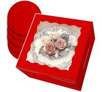 Gcardist 8x8x5 Inch Cake Box, 5 Sets Red Cake Box with Window & 5 Sets 8 Inch Red Cake Round Boards, Cake Containers(20.3x20.3x13cm)