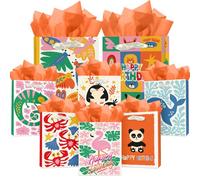 Gcardist Assorted Paper Gift Bags with Tissue Paper Handles 8PCS Animal Birthday Cardboard Floral Gift Bags for Women Mom Grandma Party Supply (8PCS Medium+ 2PCS Super Large+ 12PCS Tissue Paper)