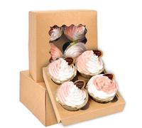 Gcardist Auto-pop Up 4 Cupcake Boxes with Window Brown 12 Packs Cupcake Box 16x16x7.6cm Bakery Boxes For Cupcakes Carrier, Cupcake Containers