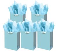 Gcardist Lake Blue Gift Bags with Tissue Paper for Wedding, Birthday, Party Supplies-20x11x24cm Medium Size Cardboard Gift Bags（8x4.3x10Inch,5pcs Bags + Tissue Paper ）