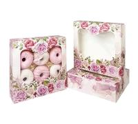 Gcardist Mother's Day Auto-pop Up 25.4x25.4x6.4cm 12Pcs Cookie Box with Window Pink Rose Pastry Macaron Bakery Box For Packaging (10x10x2.5 inch)