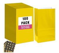 Gcardist Pack of 100 Bright Yellow Treat Paper Bags with 100 Stickers 5.1 x 3.1 x 9.4 Inches Small Party Gift Bag Snack Bag without Handle