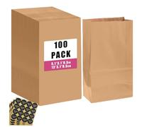 Gcardist Pack of 100 Brown Treat Paper Bags with 100 Stickers 5.1 x 3.1 x 9.4 Inch Kraft Small Party Gift Bag Snack Bag without Handle
