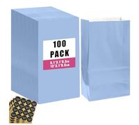 Gcardist Pack of 100 Light Blue Treat Paper Bags with 100 Stickers 5.1 x 3.1 x 9.4 Inches Small Party Gift Bag Snack Bag without Handle