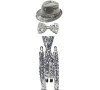 GCC Fashion Store Unisex Sparkly Sequin Hat Braces Dicky Dickie Bow Tie Adults Fancy Dress Set