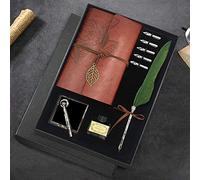 GCCL Quill Pen and Ink Set, Antique Feather Dip Calligraphy Pen Set, including Quill Pen, 5 Replacement Nibs, Pen Nib Base, Notebook, Ink, Gift Box, Best Gifts for Him Men Dad (Green)