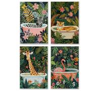 GCFET Funny Hand Towels - Decorative Set of 4, Tiger Giraffe Zebra Flamingo in Bathtub, Tropical Jungle Decor, Kids Bathroom, 16x24 Inch