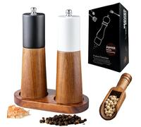 GCFTIFF Salt and Pepper Grinder Set Wooden, Pepper Mill 2pcs Manual Salt Pepper Shakers Grinder with Adjustable Ceramic Grinding Rotor, with Wooden Stand & refillable Spoon (White + Black, 6 Inches)