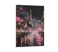 GCHPRINTEU Paris Night Art Pink Paint Poster Vintage Wall Art Canvas Prints for Home Wall Decoration 16x24inch(40x60cm) Frame-style