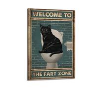 GCHPRINTEU Welcome To The Fart Zone-Funny Black Cat Bathroom Signs Motivational Canvas Poster Gift Home Wall Decoration Animal Fun Art Print for Bedroom Living Room 24x36inch(60x90cm) Frame-style-1