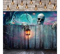 GCIREC 10x6.5ft Halloween Backdrop Full Moon Horror Night Scary Skull Skeleton Haunted Ghost Vintage Wood Wall Photography Background Halloween Night Party Decoration Banner Photo Booth Props