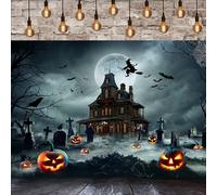 GCIREC 10x7ft Halloween Backdrop Scary Castle Grave Yard Withered Tree Bats Spooky Pumpkin Lanterns Photography Background Halloween Night Party Decoration Banner Photo Booth Props
