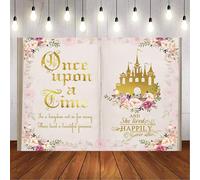 GCIREC 15x10ft Fairy Tale Book Backdrop Once Upon a Time Golden Castle Pink Floral Magic Photography Background Princess Birthday Party Party Decoration Banner Photo Booth Props