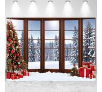 GCIREC 5x4ft Christmas Window Backdrop Xmas Pine Trees Gift Boxes Snow Scene Photography Background Winter Holiday New Year Eve Party Decoration Banner Kids Portrait Photo Booth Props