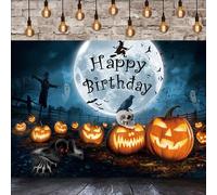 GCIREC 5x4ft Halloween Birthday Backdrop Full Moon Horror Night Scary Skull Haunted Ghost Witch Crow Pumpkin Lantern Photography Background Birthday Party Decoration Banner Photo Booth Props