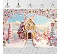 GCIREC 5x4ft Pink Candy House Backdrop Cute Candy Gingerbread Houses Cartoons Cloud Petals Snow Scene Wonderland Photography Background Christmas Party Decoration Banner Photo Booth Props