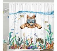 GCIREC Shower Curtain, 180x180cm, Abstract Cute Cat Funny Kitten Diving in Ocean Tropical Sea Turtle Starfish Waterproof Fabric Machine Washable Bathroom Curtain with Hooks