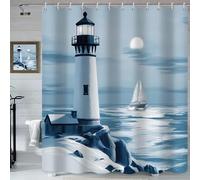 GCIREC Shower Curtain, 180x220cm, Summer Nautical Coastal Ocean Theme Lighthouse Sailboat Waterproof & Mould-Resistant Fabric Bathroom Curtain Machine Washable with Hooks