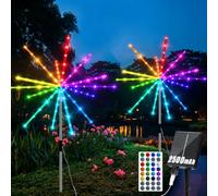 GCMacau 2500mAh 16 RGB Solar Garden Outdoor Lights, 2 Packs 448 LED Solar Firework Lights, IP65 Waterproof 8 Modes&Timer Starburst Decorative Light for Terrace, Courtyard, Balcony