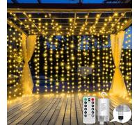 GCMacau Curtain Fairy Lights, Outdoor Curtain Lights with 8 Modes Remote Control, 3M×3M 300 LEDs String Light Indoor Outdoor for Bedroom Wall Garden Christmas Wedding Party Decor (Warm White)