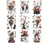 GCNWW 9 Sheets Halloween Window Stickers, Large Reusable Static Self-Adhesive PVC Window Decoration with Skeleton Pumpkin Ghost Spider Bat for Home Shopping Malls Restaurants Offices Coffee Shops