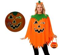 GCNWW Halloween Costumes Adult Women, Glow in the Dark Pumpkin Costume Poncho with Candy Tote Bag and Beret for Cosplay Dress Up at Various Social Gatherings