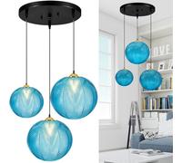 GCQ 3 in 1 Large Glass Pendant Light Fixtures, Blue E26 E27 GlassChandelier Mid Century Modern Chandelier Ribbed Blown Glass Globe Shade Hanging Light Ceiling for Living Room Restaurant Bar