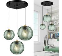 GCQ 3 in 1 Large Glass Pendant Light Fixtures, Green E26 E27 Glass Chandelier Mid Century Modern Chandelier Ribbed Blown Glass Globe Shade Hanging Light Ceiling Light for Living Room Restaurant Bar