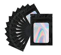 GCQQ 100Pcs Holographic Mylar Bags - 7x10CM Black Zip Lock Resealable Smell Proof Pouches - Small Foil Baggies With Clear Window for Sweets, Wax Melts, Bath Salts