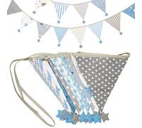 GCQQ 4M Blue & Grey Floral Vintage Cotton Fabric Bunting - 12pc Double Sided Garlands with Star - Outdoor Bunting Banner for Nursery, Garden, Baby Room Decoration