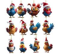Gcroet 12PCS Chicken Christmas Ornament Hanging Cute Cartoon Lifelike Chicken Ornament 2D Flat Acrylic Christmas Tree Decorations for Outdoor Xmas Festival Party Ornaments..