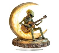 Gcroet 1PC Alien Decor Ornament 6.7x7.9 inch Acrylic Guitarist Alien Figure Sitting on Moon, Desktop Alien Statue with Wooden Base for Home Office Desktop Coffee Shop Decoration