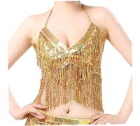 Gcroet 1PC Belly Dancer Top, Glitter Sequin Padded Belly Dance Bra with Tassel for Rave Cabaret Carnival Party, Golden