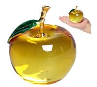 Gcroet 1PC Glass Fruit, Artificial Glass Apple-Shaped Crystal Fruit with Green Leaf, Collectible Figurines Art Crafts Ornament Christmas Eve Gifts for Kids, Yellow.