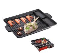 Gcroet 1PC Grill Plate 14.57x10.24 Inch BBQ Grill Rack Grill Non-Stick Cast Iron Griddle Plate Attachment with Handle for Camping Gas Stove, Electric Hob