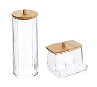 Gcroet 2PCS Cotton Pad Holder with Bamboo Lid for Bathroom Storage, Acrylic Cotton Swab Dispenser, Clear Round Cotton Wool Bud Jar-Multifunction Plastic Cosmetics Storage Jar,Makeup Organiser Set