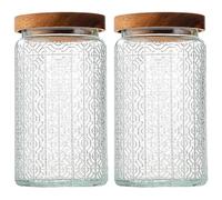 Gcroet 2Pcs Glass Food Storage Jars 7x4 Glass Food Storage with Sealed Wooden Lid & Exquisite Patterns Kitchen Containers for Cereal, Pasta, Sugar, Beans, 1000ml.