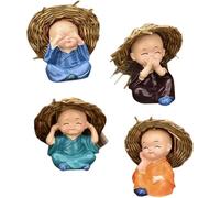 Gcroet 4PCS Baby Buddha Statue, 2x2.4 Inch Resin Mini Brazil Lucky Wood with Straw Hat, Cute Monk Buddha Decor for Potted Plants, Car Dashboard, Home, Office, Table