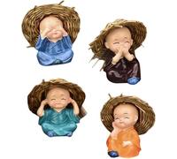 Gcroet 4PCS Baby Buddha Statue, 2x2.4 Inch Resin Mini Brazil Lucky Wood with Straw Hat, Cute Monk Buddha Decor for Potted Plants, Car Dashboard, Home, Office, Table.