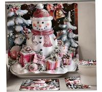 Gcroet Christmas Shower Curtain Set, 4PCS/Set Cute Snowman Christmas Bathroom Sets with Non Slip Floor Mat, U-Shaped Rugs, Toilet Lid Cover ＆ Shower Curtain with 12 Hooks for Xmas Decor..