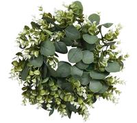 Gcroet Eucalyptus Wreath, 14" Artificial Green Wreaths for Front Door, Hanging Eucalyptus Wreath, Green Leaf ＆ White Flowers Realistic for Front Door Wall Fireplace Decor..