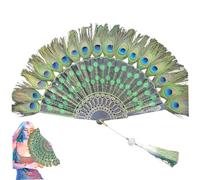 Gcroet Exquisitely Crafted Peacock Feathers Hand Fan - Foldable Art Deco Design with Marabou Feathers for Elegant Lady, Vintage Party, Halloween Costume & Home Decor Green