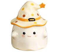 Gcroet Ghost Mug with Handle 350ml Cute Face Ghost Coffee Mug with Witch Hat Lid Microwavable Ceramic Halloween for Kids Adults Halloween Gifts, Yellow..