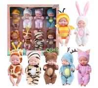 Gcroet Mini Baby Dolls, 8PCS 4.3 Inch Tiny Baby Doll, Posable Realistic Doll with Animal Clothes, Cute Small for Toddlers Girls Kids 3+, Birthday Gifts, Style 1.