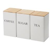 Gcroet Minimalist Rustic-Chic Square Canister Set of 3 Iron Tea Coffee Sugar Canister with Airtight Bamboo Lid and Name Marker for Coffee Tea Sugar Storage White 8.5x8.5x14.3 cm (3.35x3.35x5.63 inch)